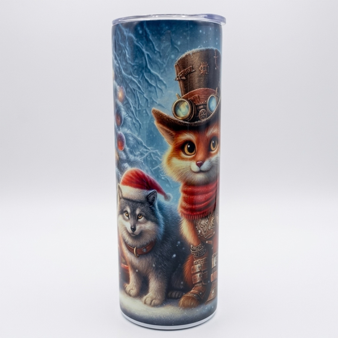 Full height view of 20oz steampunk Christmas insulated tumbler with clear lid