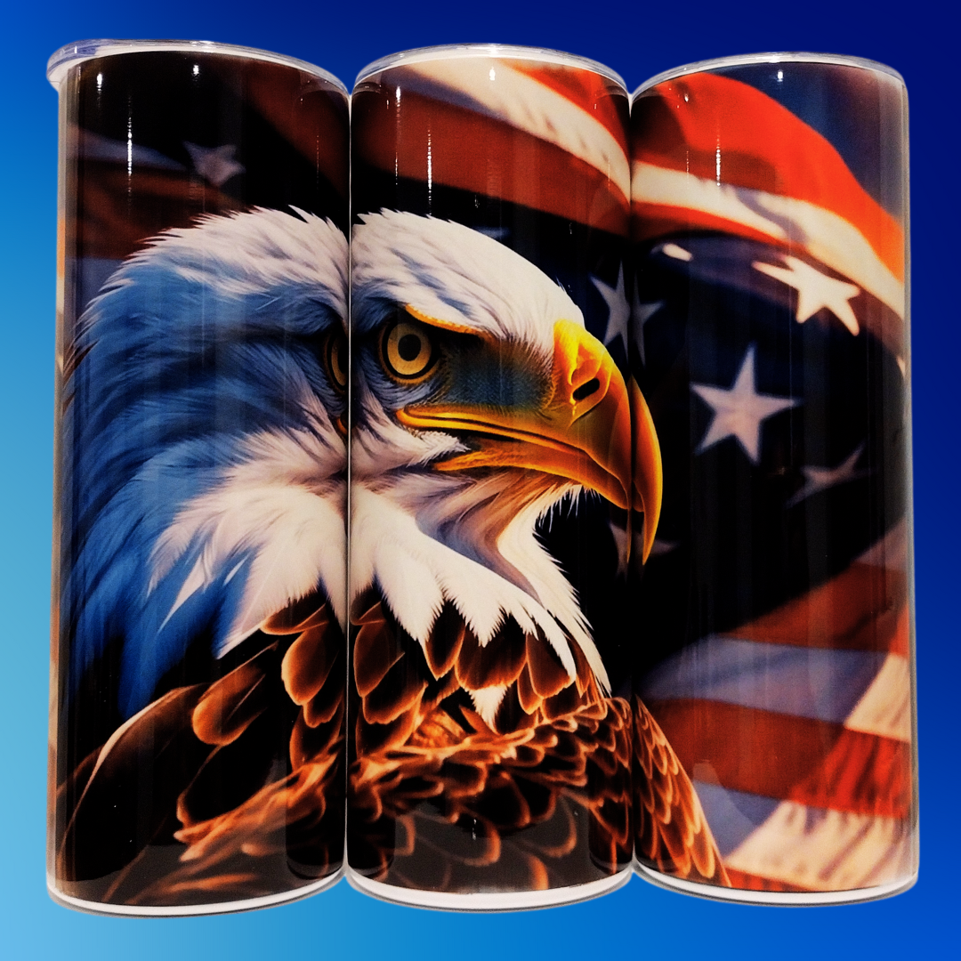 20oz Stainless Steel Tumbler with US Flag & Bald Eagle - Patriotic & Elegant Design