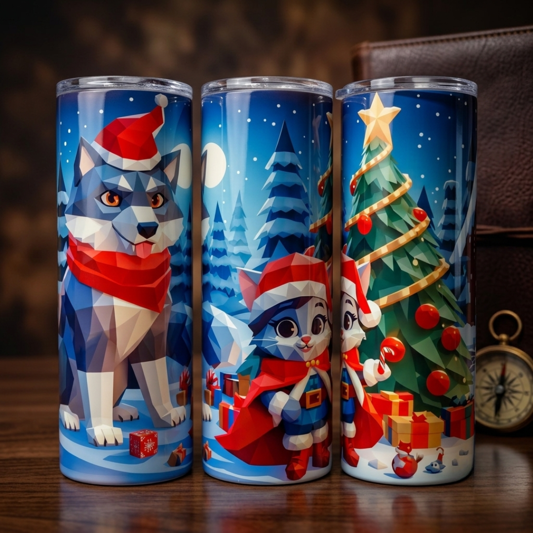 Whimsical Holiday Tumbler - Red Riding Kitten & Santa Wolf Limited Edition