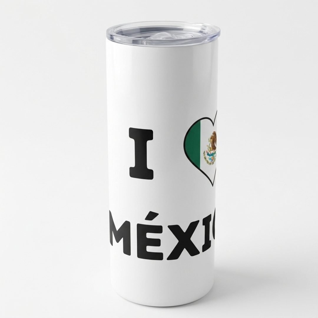 Side view of 20oz insulated stainless steel tumbler with I Love Mexico artwork