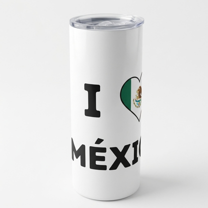 Side view of 20oz insulated stainless steel tumbler with I Love Mexico artwork