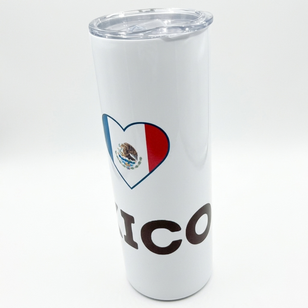 Angled top view of 20oz I Love Mexico stainless steel tumbler showing clear lid