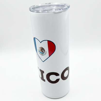 Angled top view of 20oz I Love Mexico stainless steel tumbler showing clear lid