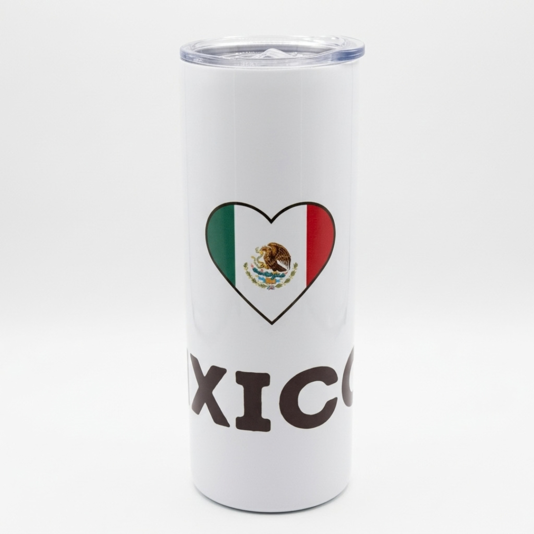 Back view showing heart icon with Mexican flag pattern printed on 20oz tumbler