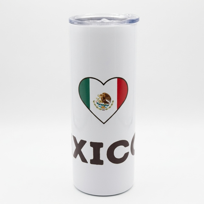 Back view showing heart icon with Mexican flag pattern printed on 20oz tumbler