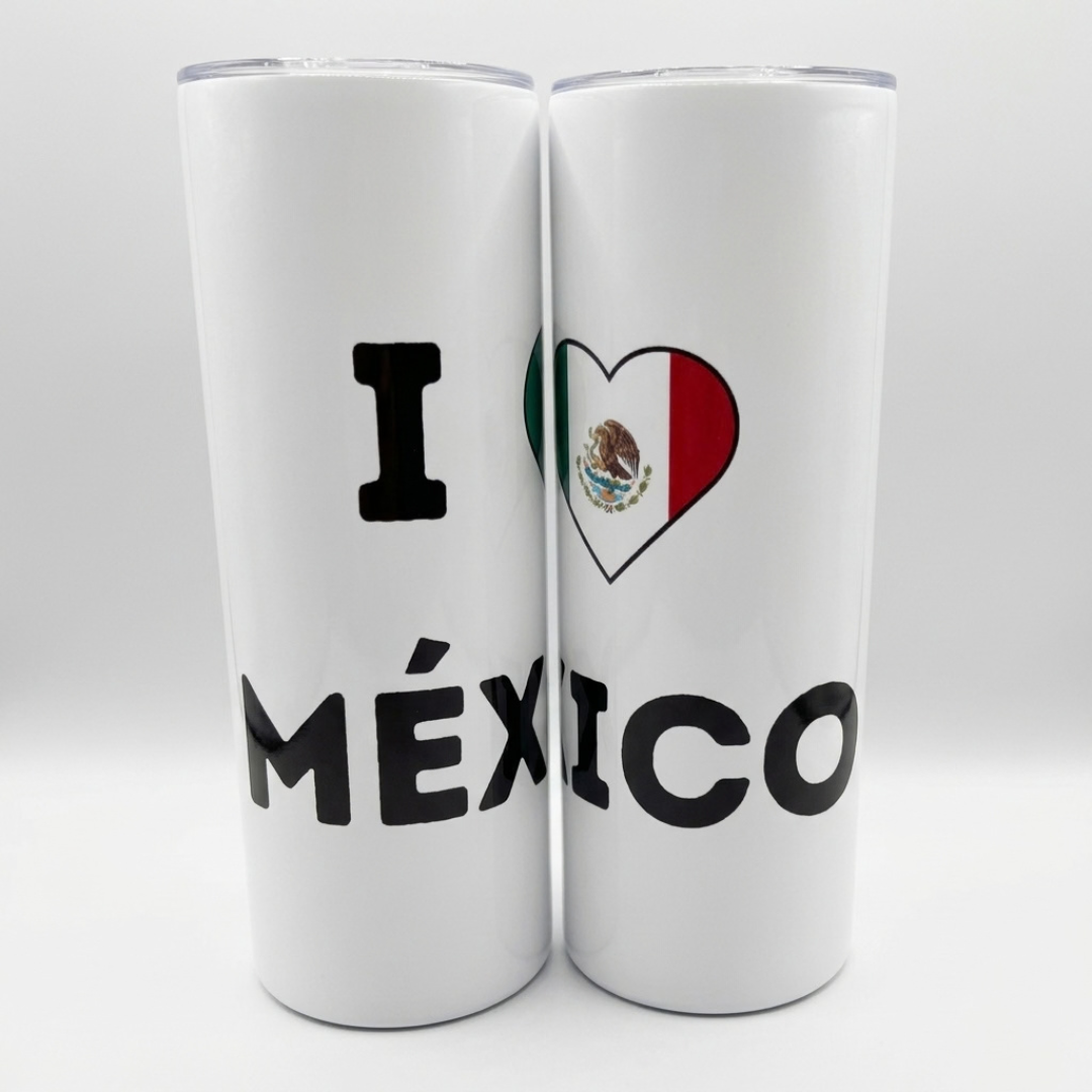 Front view of I Love Mexico tumbler with bold letters and Mexican flag inside heart design