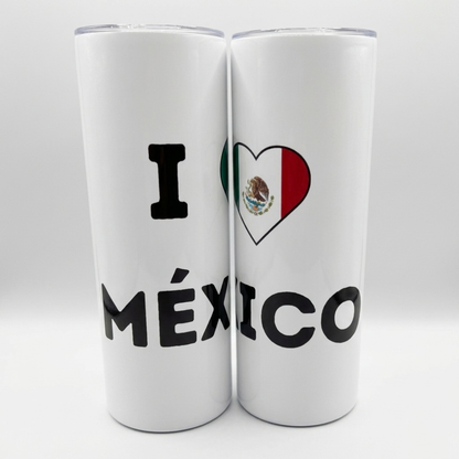 Front view of I Love Mexico tumbler with bold letters and Mexican flag inside heart design