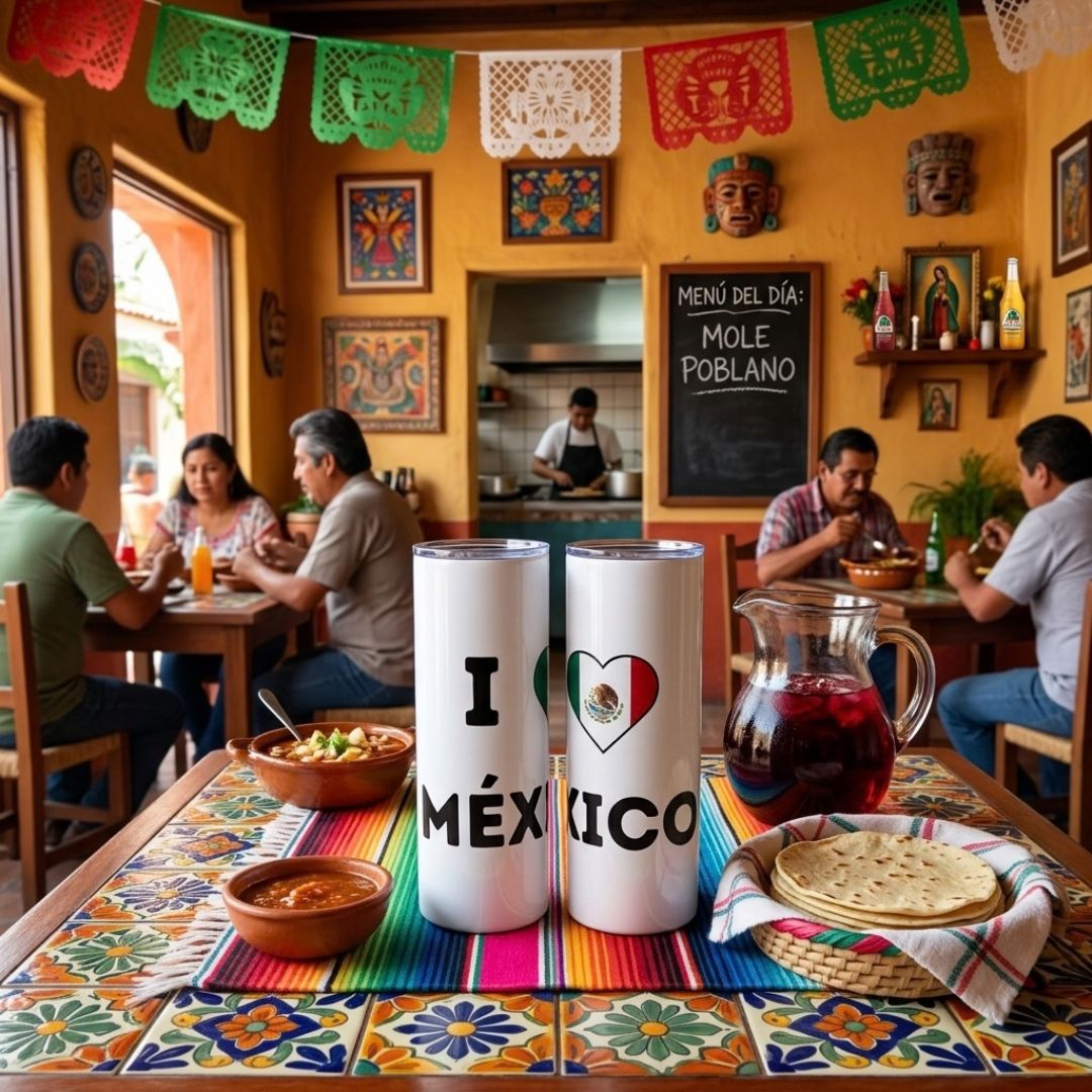 I Love Mexico patriotic 20oz tumbler cup placed on a festive table setting