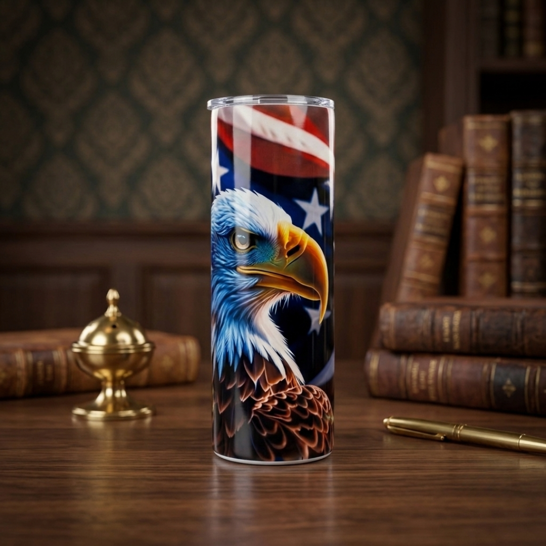 20oz Stainless Steel Tumbler with US Flag & Bald Eagle - Patriotic & Elegant Design