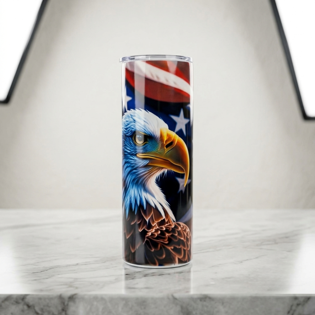 20oz Stainless Steel Tumbler with US Flag & Bald Eagle - Patriotic & Elegant Design