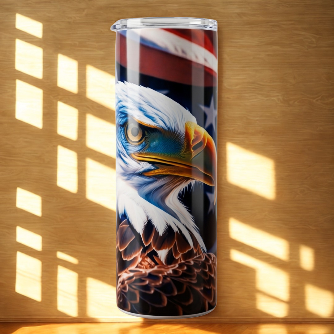 20oz Stainless Steel Tumbler with US Flag & Bald Eagle - Patriotic & Elegant Design
