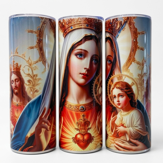 Sacred Heart Virgin Mary 20oz stainless steel tumbler with clear lid - front and side views